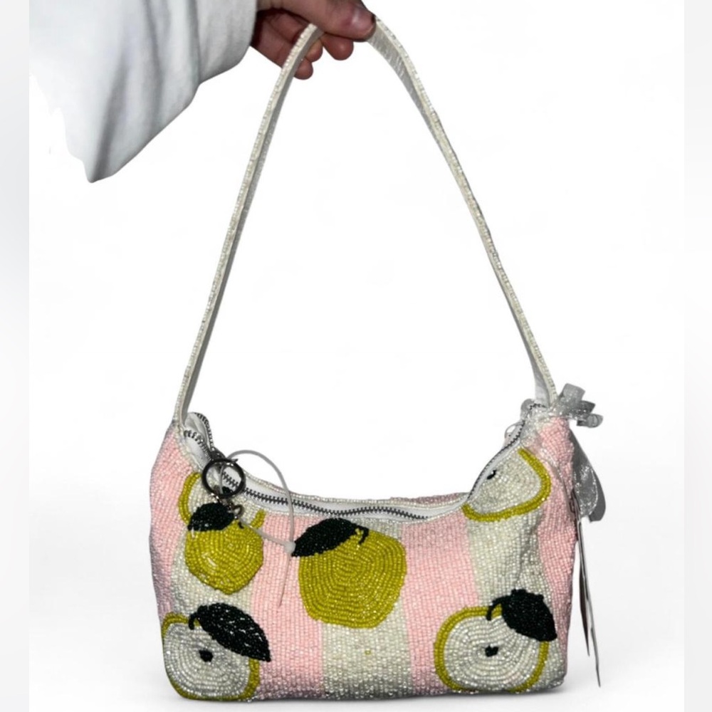 Pink and White Stripped Green Apple Beaded Shoulder Bag Bag Charm Made in India